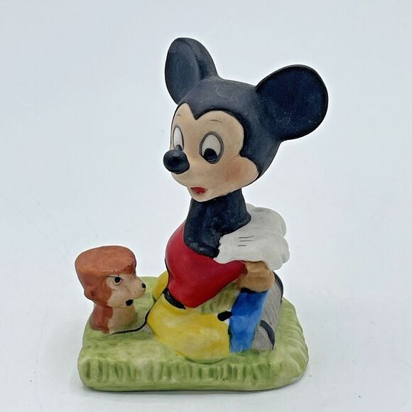 Vintage Walt Disney Mickey Mouse W/Hedgehog Figurine Mowing Lawn Taiwan 2.5” - Picture 1 of 11